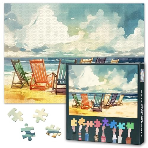 1000 Piece Jigsaw Puzzle for Adults Summer Beach Scene Illustration Coastal Landscape with Deck Chairs and Sea Sky Relaxing Vacation Puzzle for Family Game Night 27.5x19.7 Inch