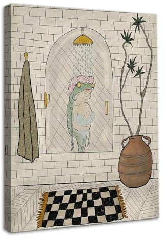 Dazzlewall Komisches Badezimmer Bild Frosch unter Dusche, Humorvolles Tier Wandbilder für Badezimmer Deko, Minimalist Aesthetic Prints Painting Decor 12×16 in Mit Rahmen
