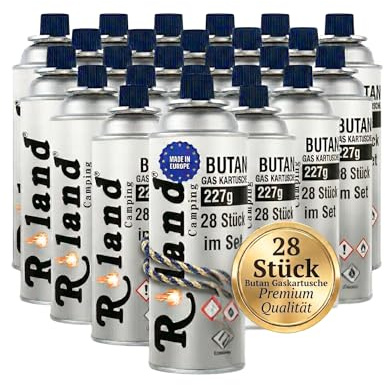 Roland 28 Stück Camping Butan Gaskartusche 227g – Brennstofflaschen für Gaskocher, Lötbrenner & Heizung – Premium Qualität Butangas