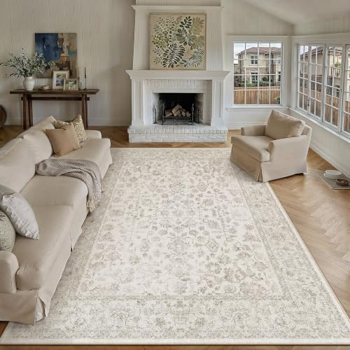 PureCozy Teppich Wohnzimmer Creme 240x300cm Waschbarer rutschfest Teppiche | Weicher Kurzflor, Pflegeleicht, Vintage Carpet, Schlafzimmer, Esszimmer, Büro ,Kinderzimmer
