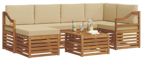 vidaXL Sofagarnituren 7 pcs Natur und Beige Massivholz Akazie, Gartenmöbel, modernes Sofa für draußen, modulare Loungemöbel, langlebige Terrassensitze und Komfort