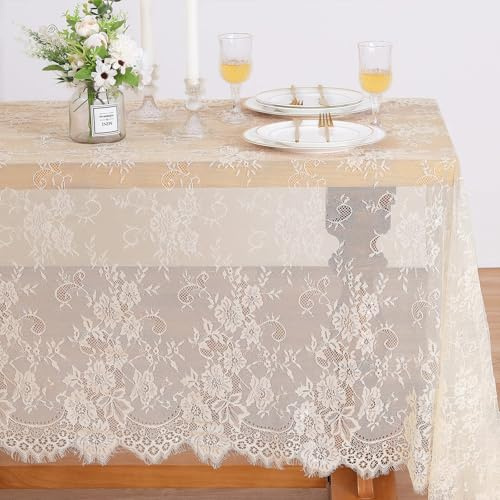 Tischdecke Spitzen Creme Vintage Florales für Hochzeit Dekor 150x300cm | für Party Outdoor Picknick Rezeption Tisch Dekoration
