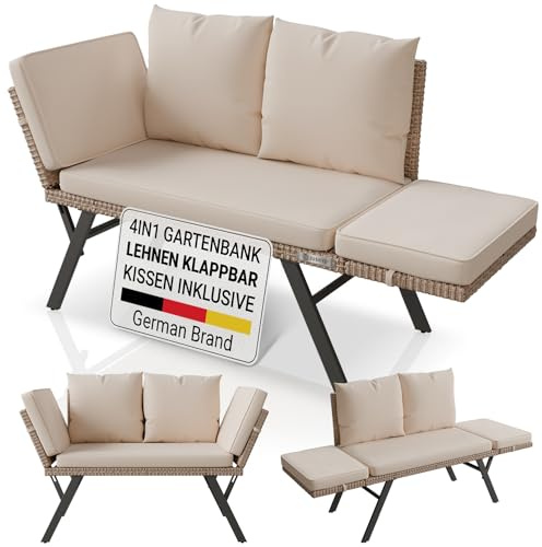 Juskys Gartenbank Calvia bis zu 3 Personen | Sitzen oder liegen im Freien | klappbare Polyrattan Multifunktionsbank & Sonnenliege | Gartensofa Outdoor wetterfest | bis 240 kg für Balkon und Terrasse