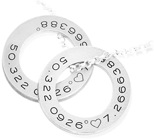 Namenskette silber Kette mit Gravur Partnerkette mit Koordinaten zur Hochzeit Silberschmuck mit Gravur Geschenk zum Valentinstag Hochzeitstag Ringe Kette