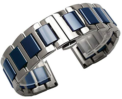 Kai Tian Two Tone Armbanduhr 16mm Blau Keramik Armband Silber Edelstahl Uhrenband Alle Links Abnehmbares Ersatz Metall Uhrarmband für Damen Herren mit Werkzeugen