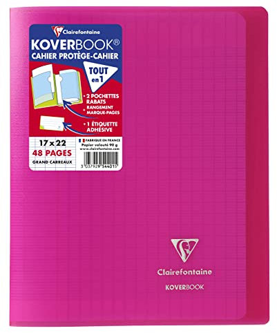 Clairefontaine 954401C Un Cahier Agrafé Koverbook - 17x22 cm - 48 Pages Grands Carreaux - Papier Blanc 90 g - Couverture Polypro Couleur Aléatoire