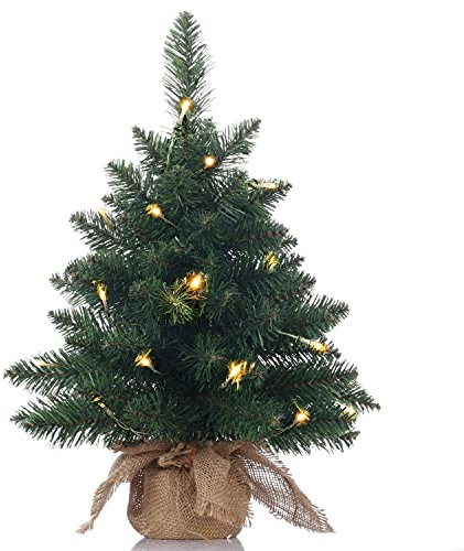 Pre-Lit Artificial Mini Christmas Tree,20 inch Small Pine Xmas Tree with 40 LED Lights,70 Branch Tips,Battery Operated Tabletop Christmas Tree Burlap Base-(50cm)