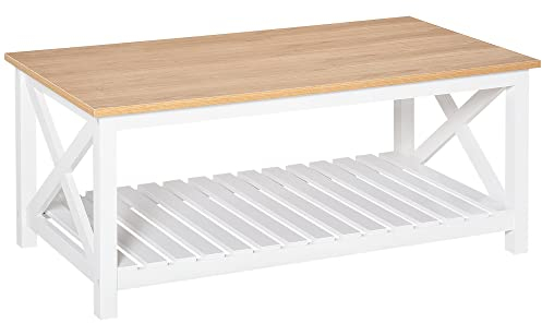 HOMCOM Table Basse rectangulaire dim. 116L x 60l x 48H cm étagère à Lattes Plateau Imitation chêne Clair MDF Blanc
