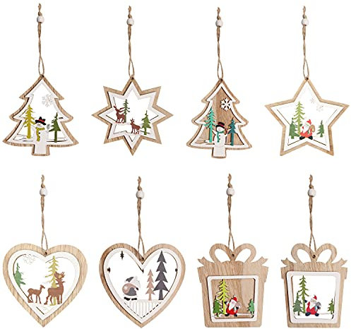 Belle Vous Decorazioni Natalizie Albero di Natale Legno Tagliate a Laser (8pz) - Addobbi da Appendere in 8 Design Boschivi - a Stella, Cuore, Albero e Regalo