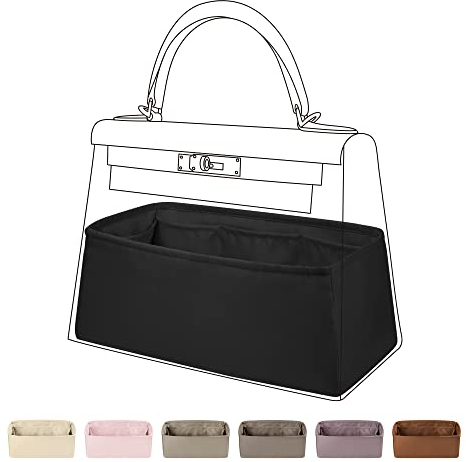 DGAZ Seide Taschen Organizer Einsatz für Kelly Pochette/Mini/25/28/32/35 Taschen, Damen Handtaschenorganisator, Handtaschen Organizer Zubehör mit Innentaschen (Schwarz, KL25)