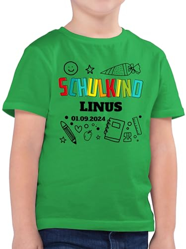 Kinder T-Shirt Jungen - Einschulung Schulanfang Junge - Schulkind Scribble - 128 (7/8 Jahre) - Grün - personalisierte t-Shirts Schulstart einschulungst-Shirt Jungs schulkinder Datum Shirt Tshirt