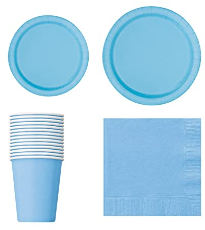 Trimming Shop 70pcs Disposable Party Tableware Set, 7 Round Plates 20pcs, 9 Plates 16pcs, 9oz Cups 14pcs, Napkins 20pcs for BBQs, Weddings, Birthday, Anniversary, Kids Party Supplies, Powder Blue