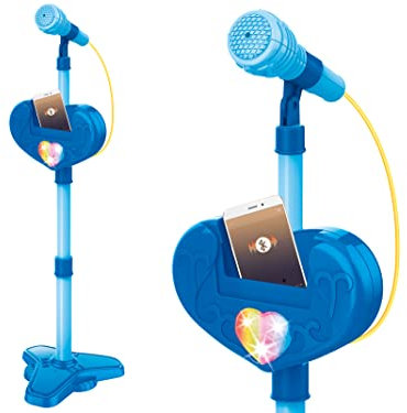Teorema 67204 - Microfono Karaoke Bluetooth Blu, Altezza Max. 95cm, Connetti allo Smartphone, con Porta Telefono, con Luci e Suoni