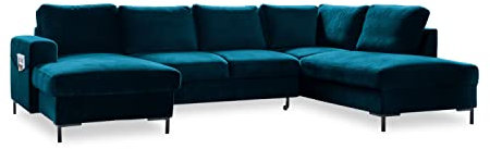 MIUFORM Ecksofa U Form mit Schlaffunktion und Bettkasten | Lofty Lilly | Wohnladschaft Couch Schlafcouch Wohnzimmer Gästezimmer | Samt Metallfüße (Petrolgrün, Rechts ausgerichtet)