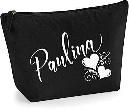 Personalisiert Name Initialen Herz Wirbel Kosmetiktasche Damen Schminktasche für Handtasche Makeup Tasche - Glitter oder Flocke Material Druck - Weiße Flocke - L | Schwarz