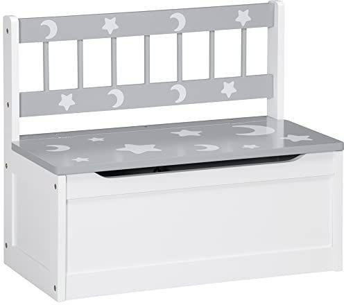 ZONEKIZ 2 en 1 Baúl de Juguetes para Niños de +18 Meses Banco de Almacenaje Infantil con Tapa de Cierre para Dormitorio Sala de Juego Carga 50 kg 60x30x50 cm Gris y Blanco