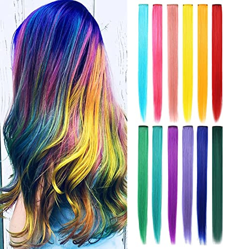 LSKJMO Colored Clip-in Hair Extensions,Synthetic 20'' 12pcs -Rainbow color | Clip-in Installation,Easy Application,Party Highlights,Lightweight,High temperature resistance,Colorfast,Tangle-resistant