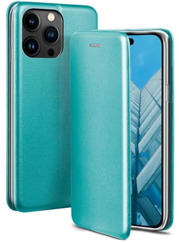 ONEFLOW Business Case für iPhone 14 Pro Max Handyhülle klappbar mit Standfunktion, Klapphülle Flipcase Cover Dünn, PU Leder Hülle mit Kartenfach, 360 Grad Schutzhülle, Mint Blau