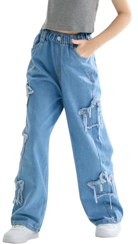 Rolanko Mädchen Baggy Jeans Weites Bein Elastische Taille Patchwork Denim-Hosen, Blau, Größe: 170