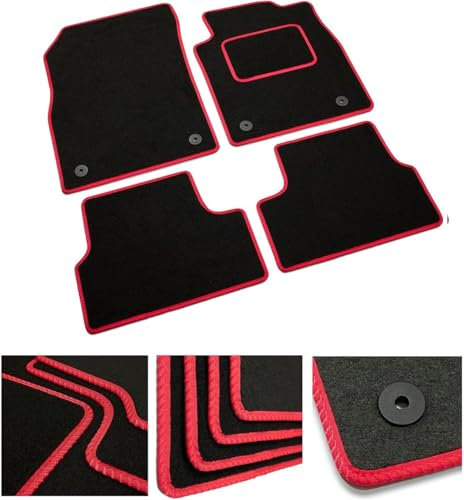DB Bespoke - Tailored Car Mats - Compatible with Dacia Duster 2013-2017 - Black Carpet - Non-Slip Carpet Mat - 4 pc Complete Car Floor Mats with Velcro clips - Black with Red Trim