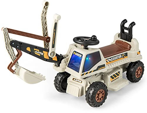 COSTWAY Kids Electric Ride on Digger, 6V Battery Powered Construction Toy Car with Adjustable Backrest, Under Seat Storage, Music, LED Lights, 30° Rotatable Ride On Excavator for Boys Girls (Grey)