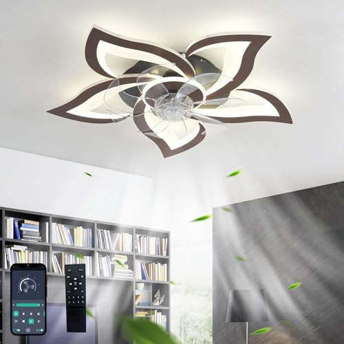 Lampadario Con Ventilatore Da Soffitto Design Silenzioso Moderno Dimmerabile DC Reversibile 6 Velocità Ventilatore Da Soffitto Con Luce E Telecomando Per Camera Da Letto Salotto-Black wood grain