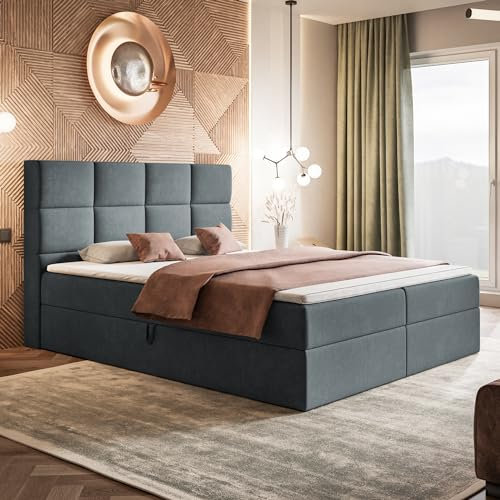MOTIVENA Alfa Boxspringbett 140x200 mit Bettkasten und Topper, Polsterbett 140x200 mit Bettkasten, Bonellfederkern-Matratze (H4), T28 Komfortschaumstoff Topper (H3), Samt, Grau (Anthrazit)