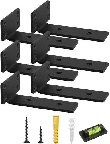Mardili Floating Shelf Brackets 6 Pcs of 6 inch Heavy Duty Industrial Shelf Bracket with Spirit Level, Black Metal L Brackets for Wall Mounted Shelves Support DIY(1/5 Inch Thicked)