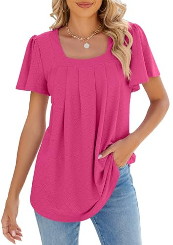 Akiooue Tunic Tops for Women UK, Loose Fit Puff Short Sleeve Summer Fashion Womens Tops Square Neck Elegant Blouses Ladies Casual Work Shirts Hot Pink X-Large
