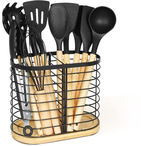 Utensilienhalter für Küchentheke，Küchenarbeitsplatte Utensil Organizer，große schwarze Edelstahl Utensil Schale mit hölzernen Basis，2 Fächer Küchenutensilien Caddy，Schwarz