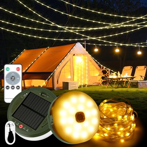 CAROOTU 3-in-1-Solar-Lichterkette für Camping, 12 m wasserdichte Lichterkette für den Außenbereich mit 8 Beleuchtungsmodi,3600 mAh über USB wiederaufladbare Solar-Campingleuchten