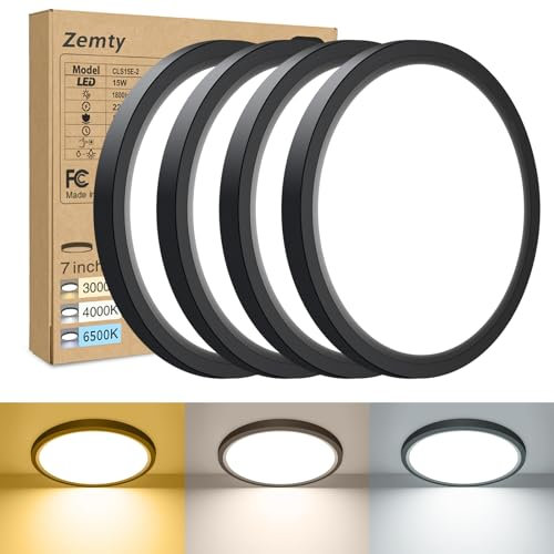 zemty 4Stück/3Farben 3000/4000/6500K LED Deckenleuchte Flach, 15W 1800LM Ø18cm Deckenleuchten, Schwarz Rund Ultra Dünn Deckenlampe LED Lampen Deckenlampen,Deckenbeleuchtung für Badezimmer,Küche