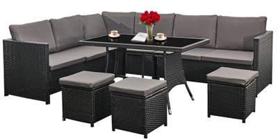 AFURNI 9 Seat Rattan Garden Furniture Set, Outdoor Corner Sofa Rattan Patio Conversation Sofa Dining Table Chair Set for Indoor Outdoor,Black