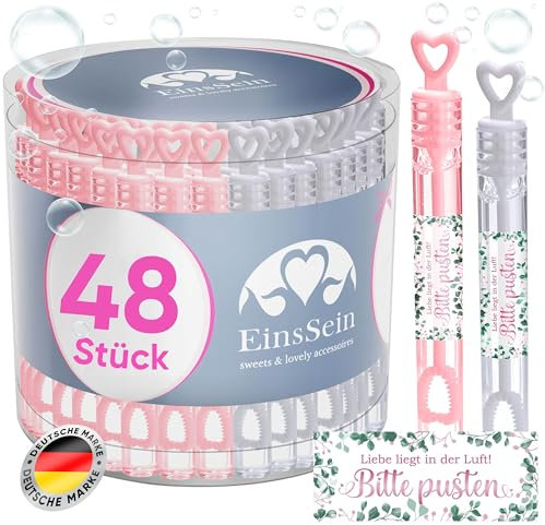 EinsSein Seifenblasen Hochzeit mit Aufkleber Herzgläschen Set rosa-weiss | Gastgeschenke für die goldene Hochzeit Taufe Geburtstag Valentinstag Verlobung Party| Hochzeitsseifenblasen mit Freudentränen