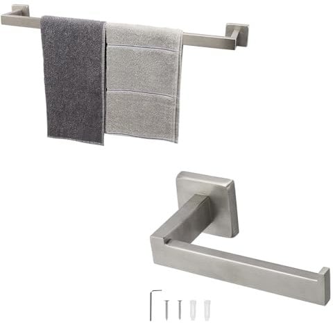 Square 24 Inch Bath Towel Rack and Toilet Paper Holder, SUS304 Stainless Steel Wall Mounted Towel Bar & Bathroom Tissue Holder, Bathroom Accessory for Bathroom Kitchen Office(Brushed Nickel)