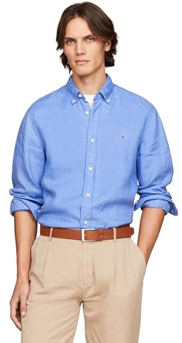 Tommy Hilfiger Men's Long Sleeve Casual Linen Button Down in Regular Fit, Blue Spell, XXL