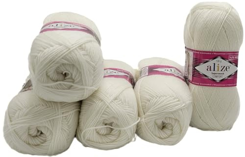 5 x 100 Gramm Superwash Sockenwolle einfarbig und mehrfarbig, 75% Schurwolle, 500 Gramm Wolle für Stricksocken und Strümpfe (weiß uni 55)