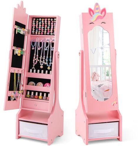 COSTWAY Kinder Schmuckschrank, 2 in 1 Spiegelschrank neigbar mit Ganzkörperspiegel, Schublade & Aufbewahrunskorb, Schmuckständer Schminkspiegel Einhorn, 31,5 x 30 x 115 cm (Rosa)