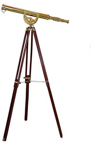 Vintage Decorative Single Barrel Shiny Finish Telescope Wooden Adjustable Brown Finish Tripod Floor Standing Home Decor.
