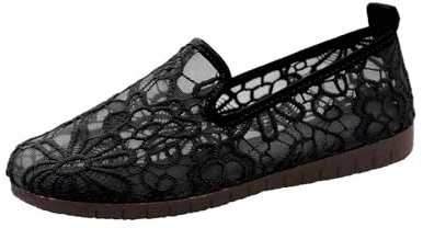 Zapatos casuales sin cordones para mujer, con estampado de primavera y otoño, a la moda, de malla bordada, cómodos, zapatos casuales, Black, 38.5 EU