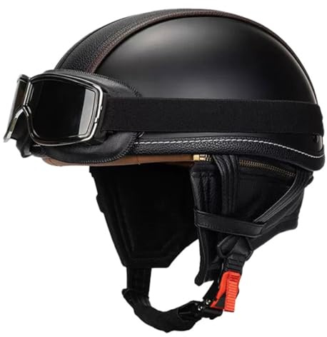 Vintage Motorradhelm Open Face Leder-Helm Winddichter Motorrad Roller Helm Mit Brille Jethelm Straßenhelm Für Damen Und Herren ECEDOT Zertifizierung Halbschalenhelm