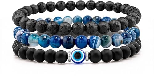 Lameybrt 3 Stück Auge des Bösen Blick Armband Schutz Stretch Armbänder nazar boncuk für Männer (K20 Blue Agate, Eine Grösse)