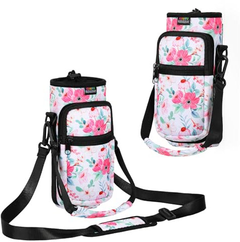 Nuovoware Magnetic Gym Bag, 25oz/32oz Water Bottle Carrier Holder, Adjustable Shoulder Strap 2 Pocket Sports Sling Neoprene Sleeve for Hiking Travelling Camping, Floral Pink