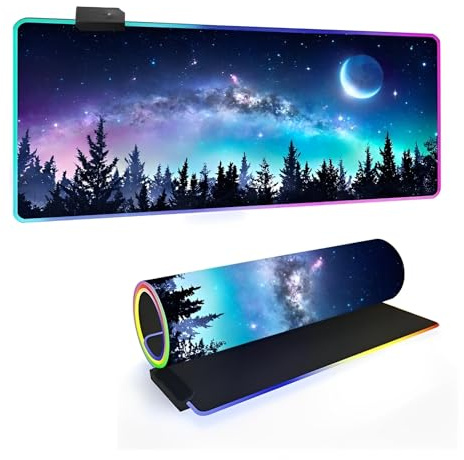 Mateju 3D Galaxie-Druck RGB Mousepad, Mousepad XXL/XL/L14 Beleuchtungs Modi 7 LED Farben, rutschfeste Gummibasis Mauspad, Gaming Mauspad mit Vernähte Kanten für Tastatur Computer (Mond,800x400x4mm)