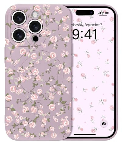 Micoden Magnetic Case for iPhone 15 Pro,Compatible with Magsafe,Cute Vintage Rose Flower Floral Aesthetic Silicone Cover,Slim Soft TPU Shockproof Protective Phone Case for Girls Women-Lilac