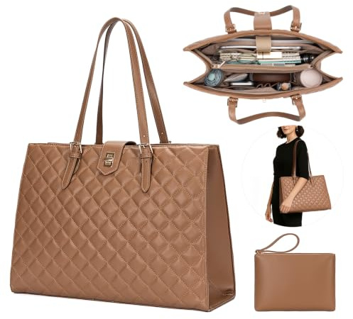 BAGOK Quilted Laptoptasche Damen aus PU Leder, Arbeitstasche Shopper Tote, Lehrertasche Nurse Bag, große Kapazität, passend für Laptops bis zu 14 Zoll, für Büro, Uni und Alltag