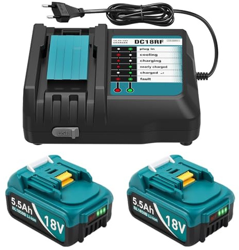 DC18RC Ladegerät Set +2 × Ersatzakku für Makita 18V Akku 5500mAh/5.5Ah | Kompatibel 18 V Li-Ion Ersatzakku BL1815 BL1830 BL1840 BL1850 BL1860 BL1890 BL1415 BL1430 BL1440