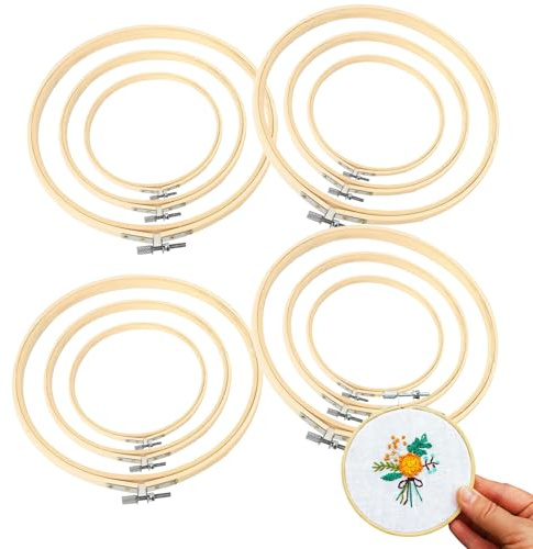 12 Stück Stickrahmen Holz, Verstellbare Runder Stickrahmen Set Glatter Gratfrei Embroidery Hoop für DIY Kreuzstich Stickerei 10cm 15cm 20cm