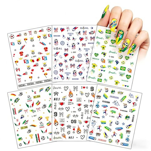 6Sheets Soccer & World Flag Nail Stickers Decals Self-Adhesive Football Nail Supplies,Long Lasting Waterproof Nail Art Design Decoration Accessories for 2026 World Cup