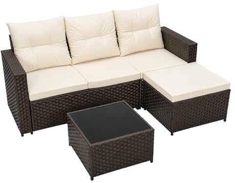 ARATERVIO Polyrattan Gartenmöbel-Set Lounge für 3–4 Personen – Ecksofa Sitzgruppe mit Tisch & Hocker, wetterfeste Gartenmöbel-Sets für Balkon, Terrasse & Garten (Braun)
